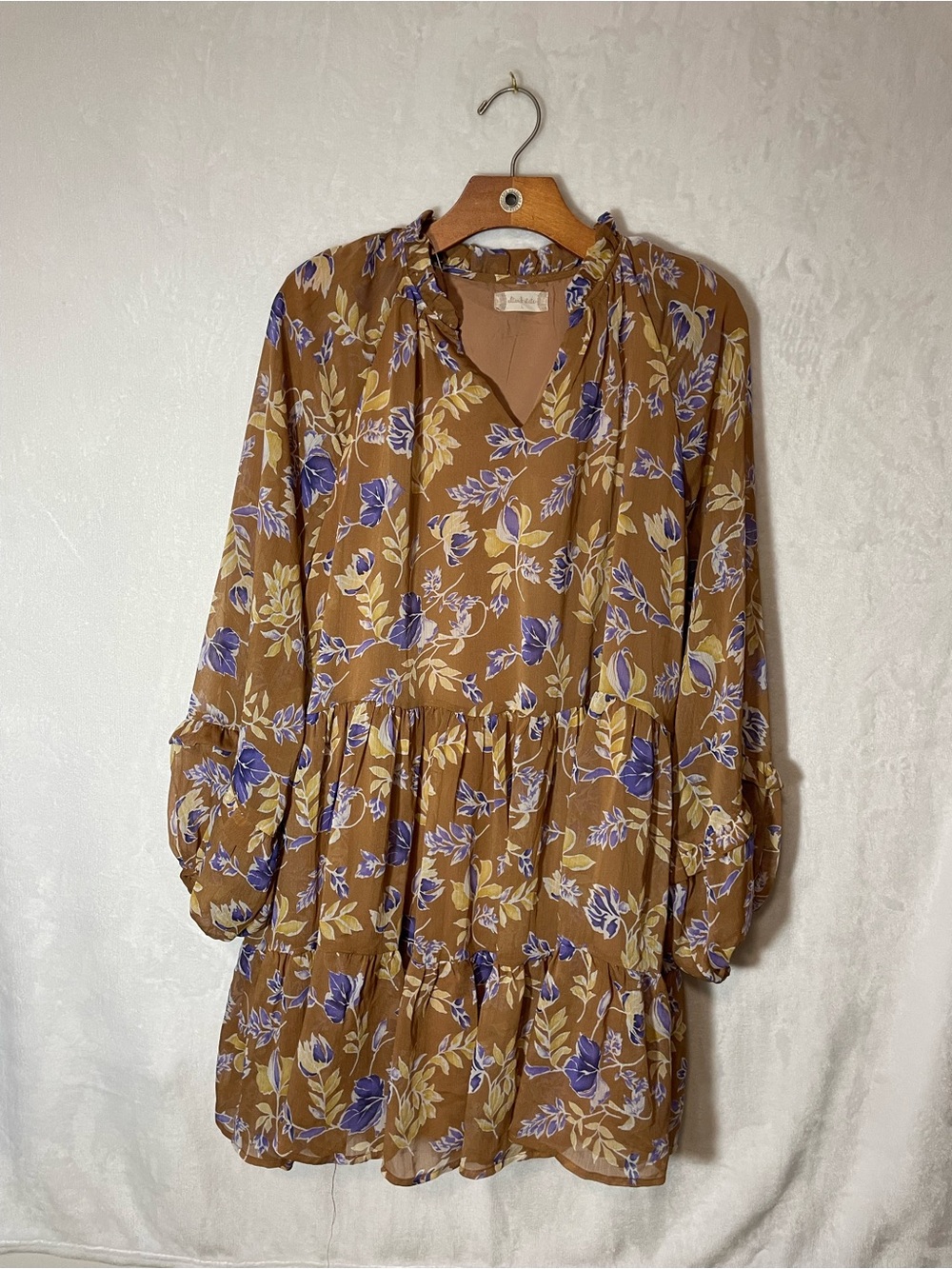 Altar'd State Brown Midi Dress with Purple and Cream Floral Print